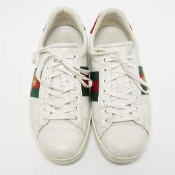 Pre Owned Gucci White Leather Embroidered Bee Ace Sneakers Size 42.5