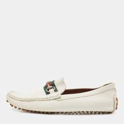 Gucci White Leather Web Horsebit Loafers Size 41