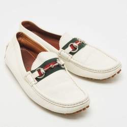 Gucci White Leather Web Horsebit Loafers Size 41