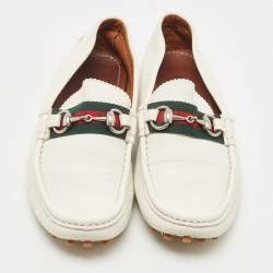 Gucci White Leather Web Horsebit Loafers Size 41
