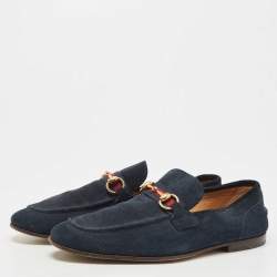 Gucci Navy Blue Suede Web Horsebit Loafers Size 41
