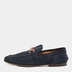 Gucci Navy Blue Suede Web Horsebit Loafers Size 41