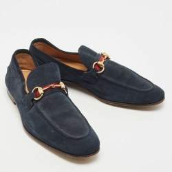 Gucci Navy Blue Suede Web Horsebit Loafers Size 41