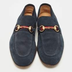 Gucci Navy Blue Suede Web Horsebit Loafers Size 41