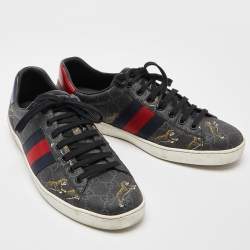 Pre Owned Gucci Black GG Supreme Canvas Tiger Print Ace Sneakers Size 42