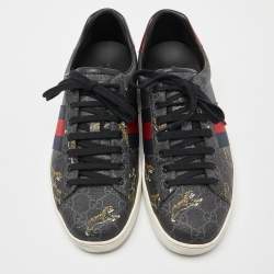 Pre Owned Gucci Black GG Supreme Canvas Tiger Print Ace Sneakers Size 42