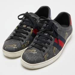 Pre Owned Gucci Black GG Supreme Canvas Tiger Print Ace Sneakers Size 42