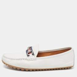 Gucci White Leather Horsebit Web Loafers Size 42