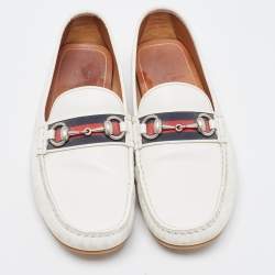 Gucci White Leather Horsebit Web Loafers Size 42
