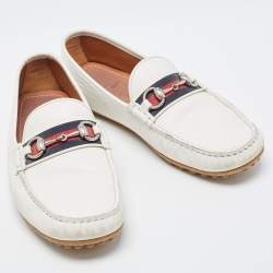 Gucci White Leather Horsebit Web Loafers Size 42