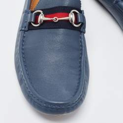 Gucci Blue Leather Web Horsbit Slip On Loafers Size 44