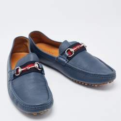 Gucci Blue Leather Web Horsbit Slip On Loafers Size 44