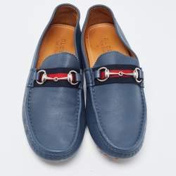 Gucci Blue Leather Web Horsbit Slip On Loafers Size 44