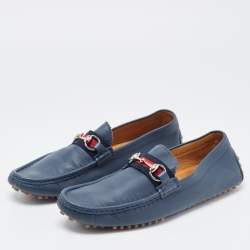 Gucci Blue Leather Web Horsbit Slip On Loafers Size 44