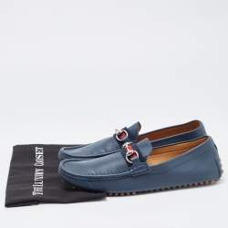 Gucci Blue Leather Web Horsbit Slip On Loafers Size 44