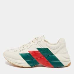 Gucci Cream Leather Rhyton Web Print Low Top Sneakers Size 44