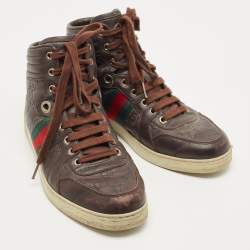 Pre Owned Gucci Brown Guccissima Leather Web High Top Sneakers Size 40