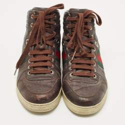 Pre Owned Gucci Brown Guccissima Leather Web High Top Sneakers Size 40