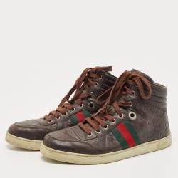 Pre Owned Gucci Brown Guccissima Leather Web High Top Sneakers Size 40
