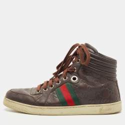 Gucci Brown Guccissima Leather Web Detail High Top Sneakers Size 40