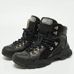 Gucci Black Leather and Suede Flashtrek Ankle Boots Size 45.5