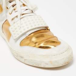 Gucci White/Gold Leather Lace Up High Top Sneakers Size 44