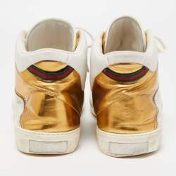 Gucci White/Gold Leather Lace Up High Top Sneakers Size 44