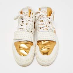 Gucci White/Gold Leather Lace Up High Top Sneakers Size 44