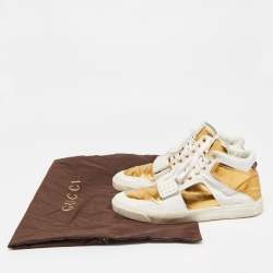 Gucci White/Gold Leather Lace Up High Top Sneakers Size 44