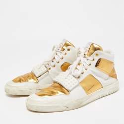 Gucci White/Gold Leather Lace Up High Top Sneakers Size 44