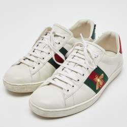 Pre Owned Gucci White Leather and Watersnake Leather Ace Bee Embroidered Sneakers Size 42.5