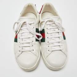 Pre Owned Gucci White Leather and Watersnake Leather Ace Bee Embroidered Sneakers Size 42.5