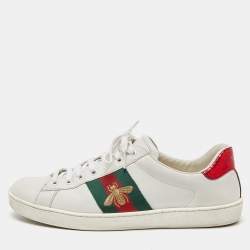 Pre Owned Gucci White Leather and Watersnake Leather Ace Bee Embroidered Sneakers Size 42.5
