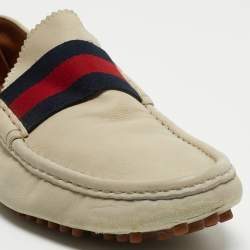 Gucci Light Grey Leather Web Detail Slip On Loafers Size 45