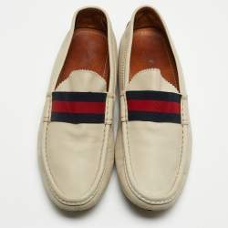 Gucci Light Grey Leather Web Detail Slip On Loafers Size 45