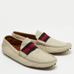 Gucci Light Grey Leather Web Detail Slip On Loafers Size 45
