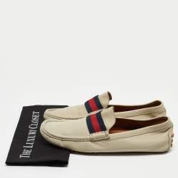 Gucci Light Grey Leather Web Detail Slip On Loafers Size 45