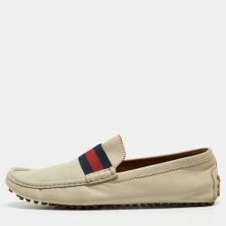 Gucci Light Grey Leather Web Detail Slip On Loafers Size 45
