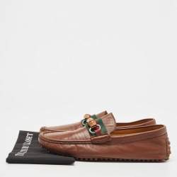 Pre Owned Gucci Brown Leather Bamboo Horsebit Web Loafers Size 45