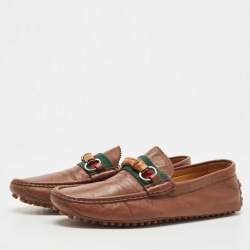 Pre Owned Gucci Brown Leather Bamboo Horsebit Web Loafers Size 45