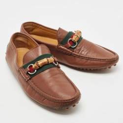 Pre Owned Gucci Brown Leather Bamboo Horsebit Web Loafers Size 45