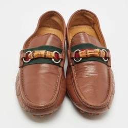 Pre Owned Gucci Brown Leather Bamboo Horsebit Web Loafers Size 45