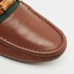 Pre Owned Gucci Brown Leather Bamboo Horsebit Web Loafers Size 45
