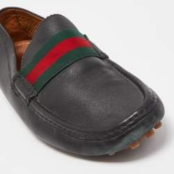Gucci Black Leather Web Slip On Loafers Size 45