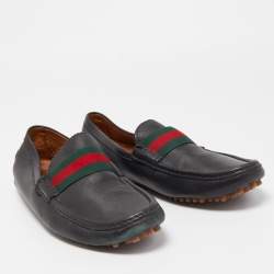 Gucci Black Leather Web Slip On Loafers Size 45