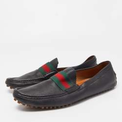 Gucci Black Leather Web Slip On Loafers Size 45