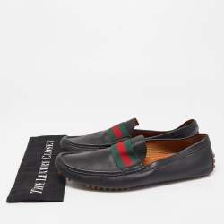 Gucci Black Leather Web Slip On Loafers Size 45