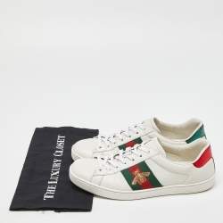 Pre Owned Gucci White Leather Embroidered Bee Web Ace Low-Top Sneakers Size 42