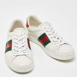 Pre Owned Gucci White Leather Embroidered Bee Web Ace Low-Top Sneakers Size 42