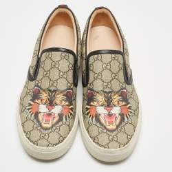 Gucci Black/Beige GG Supreme Canvas Tiger Print Slip On Sneakers Size 43